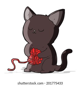 cartoon cute black cat playing with ball of yarn