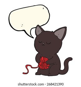 cartoon cute black cat playing with ball of yarn with speech bubble
