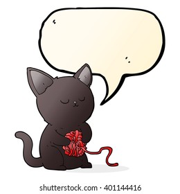 cartoon cute black cat playing with ball of yarn with speech bubble