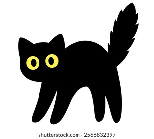 Cartoon cute black cat silhouette. Scared kitten with arched back and big eyes. Simple icon, isolated vector clip art illustration.