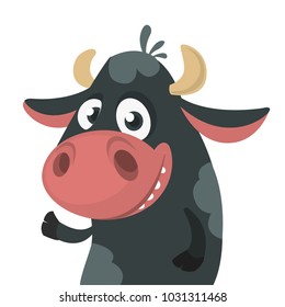 Cartoon cute black cow standing and presenting. Vector illustration of a cow character isolated on white. Great for print, banner or children book