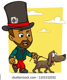 Cartoon cute black walking brunette boy character in high hat with funny dog. On yellow background with clouds. Vector icon.
