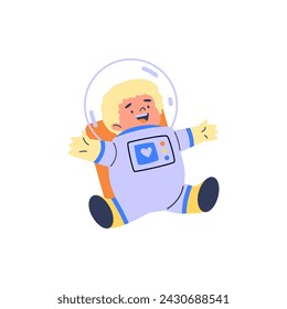 Cartoon cute blonde boy wearing astronaut costume, have fun. Funny cosmonaut kid enjoying the flight vector flat illustration isolated on white. Childish spacesuit outfit with helmet
