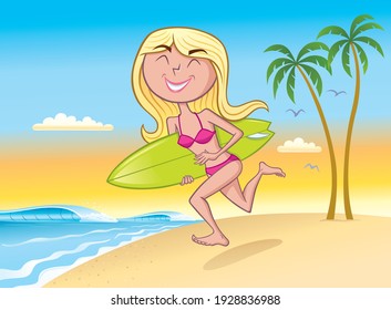 Cartoon of a cute blonde surfer girl running on the beach with her surfboard towards the ocean and waves on a beautiful sunny day.