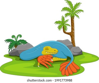 Cartoon cute blue dinosaur sleeping in grass