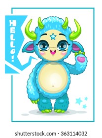 Cartoon cute blue monster, funny vector character saying Hello