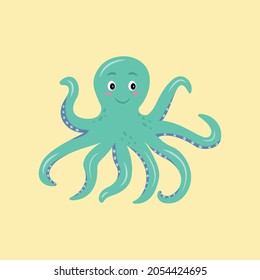 Cartoon Cute Blue Octopus. Flat Vector Illustration For Children