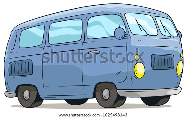 Cartoon cute blue retro van or bus isolated on\
white background. Vector\
icon.