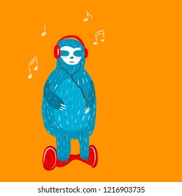 Cartoon cute blue sloth with headphones rides on a hoverboard. Vector illustration.