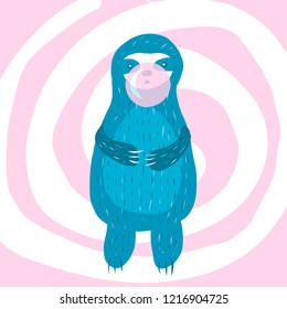 Cartoon cute blue sloth inflates a bubble of gum. Vector illustration.