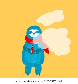 Cartoon cute blue sloth in red scarf uses vape. Vector illustration.