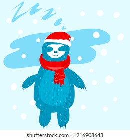 Cartoon cute blue sloth in red scarf and santa hat. Vector illustration.
