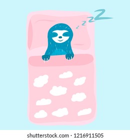 Cartoon cute blue sloth sleeping in a pink bed with clouds. Vector illustration.