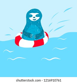 Cartoon cute blue sloth swims with a red-white life buoy. Vector illustration.