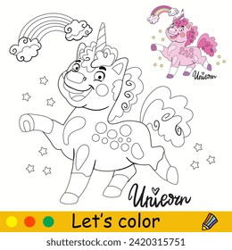Cartoon cute body positive unicorn. Kids coloring book page. Unicorn character. Black contour on a white. Vector isolated illustration with colorful template. For coloring, print, design, stickers