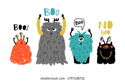 Caricatura adorables monstruos. Pequeños símbolos furtivos de horror, ilustración vectorial de graciosos personajes extraños para mascota aislada en fondo blanco