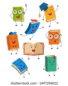 Cartoon cute book characters with different emotions set vector illustration. Collection consists of smiling, sad, funny, sleeping textbooks faces flat style design for school, education concept