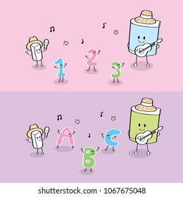 Cartoon cute book and eraser playing music, Guitar, Maraca. Little numbers and little alphabets dancing vector.