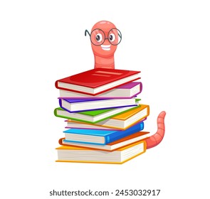 Cartoon cute bookworm character in glasses. Funny pink book worm, caterpillar or earthworm vector personage sitting on stack of school library books or textbooks with eyeglasses, education concept