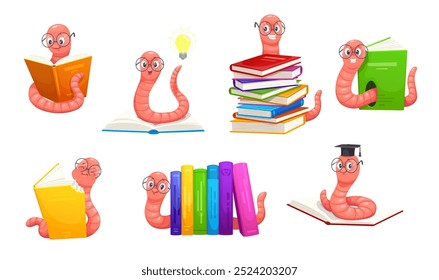 Personajes lindos de la historieta en gafas. Conjunto de Vector de animales de gusano de libro divertido. Adorables personajes inteligentes de larva leyendo, muerden la cubierta del libro de texto, usan sombrero de mortero, tienen una gran idea de bombilla