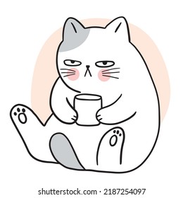 Cartoon cute boring cat drink coffee vector.