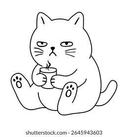 Desenho animado gato chato chato beber vetor de café.