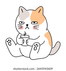 Desenho animado gato chato chato beber vetor de café.