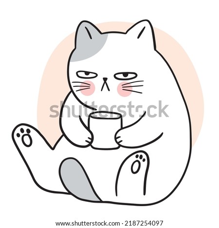 Cartoon cute boring cat drink coffee vector.