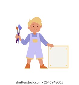 Cartoon cute boy artist holding paintbrush and canvas. Funny cartoon character. Concept of childrens art and design school. Vector illustration on isolated background