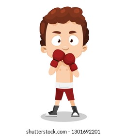 Cartoon cute boy in boxing gloves training in gym. Sporty guy in red pants and trainers vector illustration. Box and hobby concept. Isolated on white background
