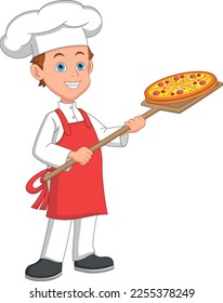 cartoon cute boy chef with pizza