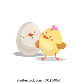 Cartoon cute boy chick looking on hatching egg. Easter and newborn symbol. Vector illustration.