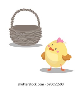 Cartoon cute boy chick looking on empty basket. Easter icon symbol. Vector illustration.