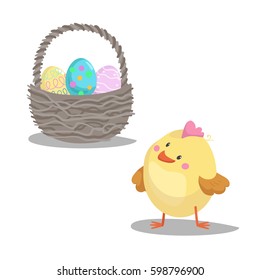 Cartoon cute boy chick looking on basket with painted eggs. Easter flat design icon symbols. Vector illustration.