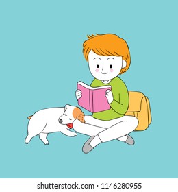 Cartoon cute boy and dog reading vector.