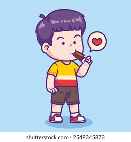 Cartoon cute boy eating popsicle vector illustration