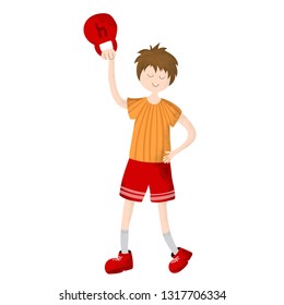 Cartoon cute boy exercising with weight in gym, child or kid doing sports. Little athlete in uniform on white background. Healthy activities. Vector flat with trendy noises