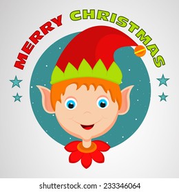 Caricatura de un lindo rostro de niño en la gorra de Santa con un elegante texto para las celebraciones de Feliz Navidad.