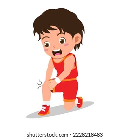 Cartoon of Cute Boy Getting Leg Pain While Playing Basketball