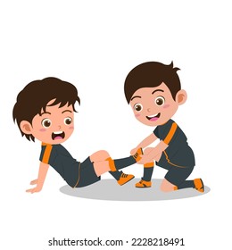 Cartoon von Cute Boy, der beim Fußballspielen Leg-Schmerzen bekommt