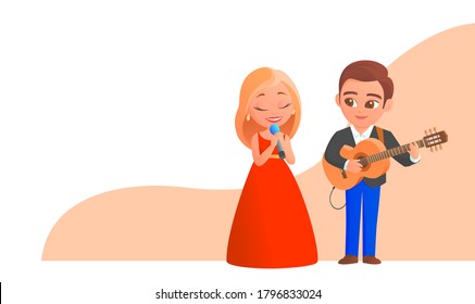 Cartoon cute boy and girl give a music concert. She sings into the microphone. He plays the guitar. Banner with place for text. Vector illustration.