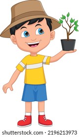 Cartoon Cute Boy Holding Plant