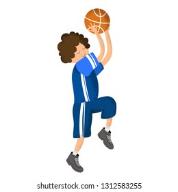 Cartoon cute boy playing basketball, child or kid doing sports. Little athlete in uniform jumping and throwing the ball, white background. Healthy activities. Vector flat with trendy noises