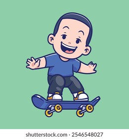 Cartoon cute boy playing skateboard vector digital hand drawing illustration