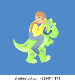 Cartoon cute boy riding dinosaur, funny costume