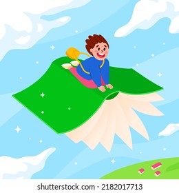 Cartoon cute boy sits on a flying book in the sky