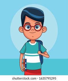 cartoon cute boy standing with school backpack and books over blue background, colorful design, vector illustration