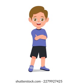 Cartoon cute boy stands in a confident pose, arms crossed over his chest. 