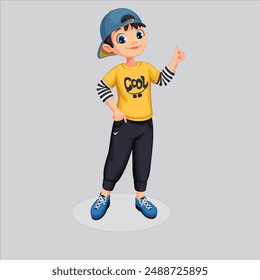 Cartoon cute boy stands in a confident pose, arms crossed over his chest. Colorful vector isolated kids illustration.