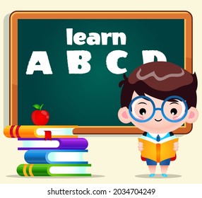 Cartoon Cute Boy Student Reading With Chalk Board On The Background